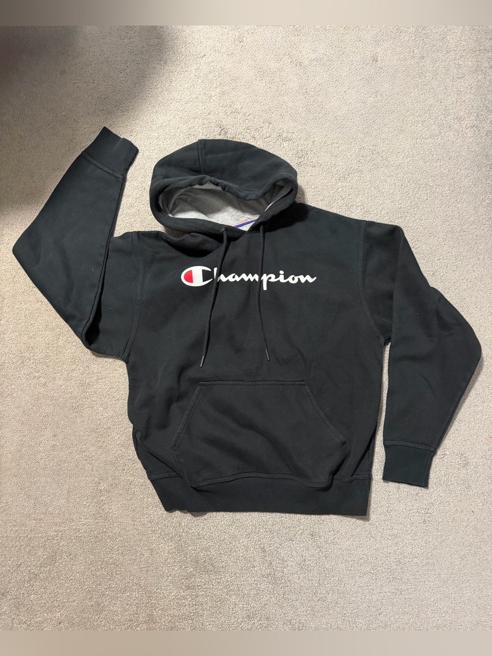 Champion Men's Black Logo Hoodie Sweater with Kangaroo Pocket - Size M